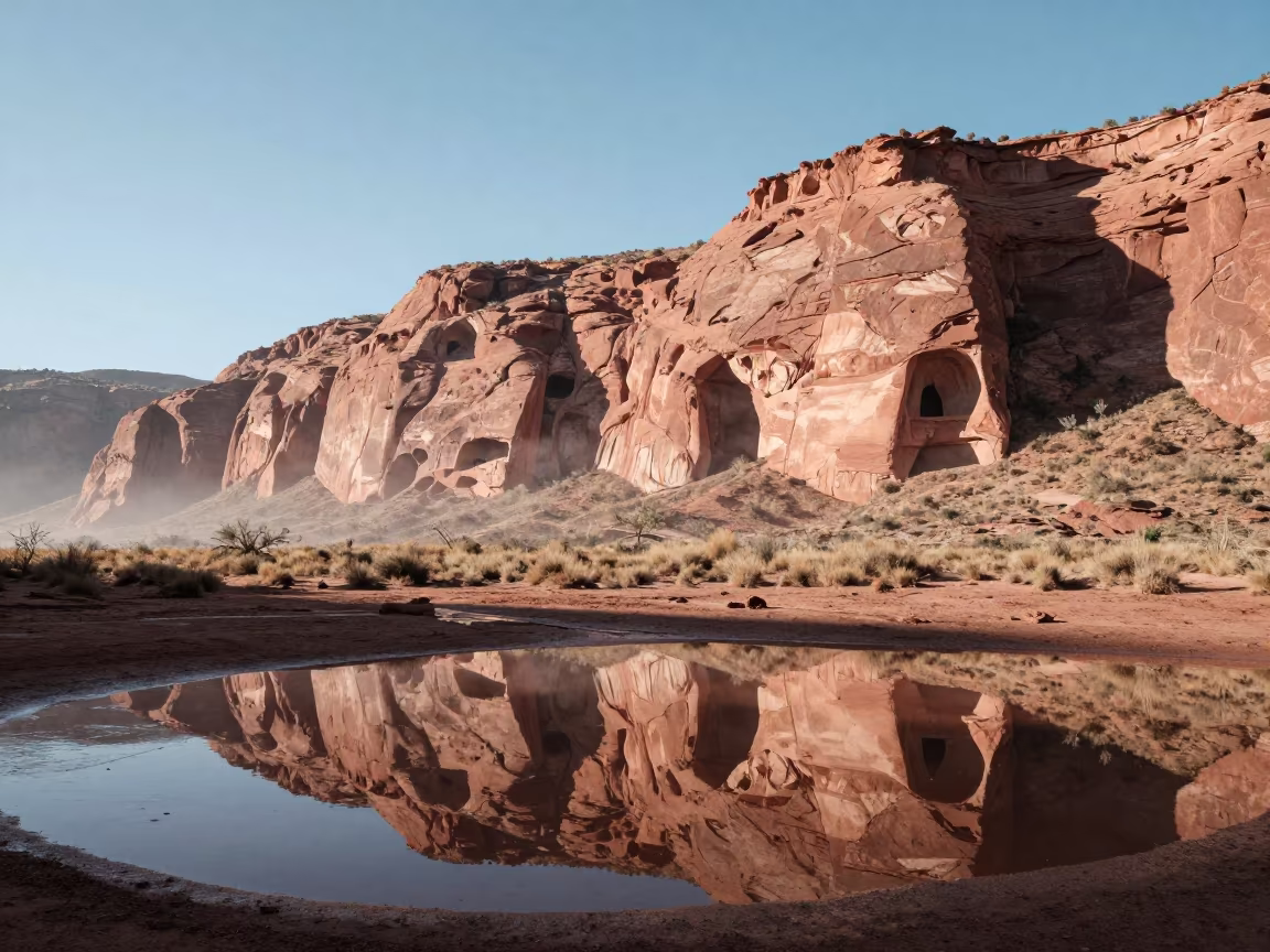 Mesa Cliff Dwellings Floodplain Reflection in across a floodplain after rain in Mexico