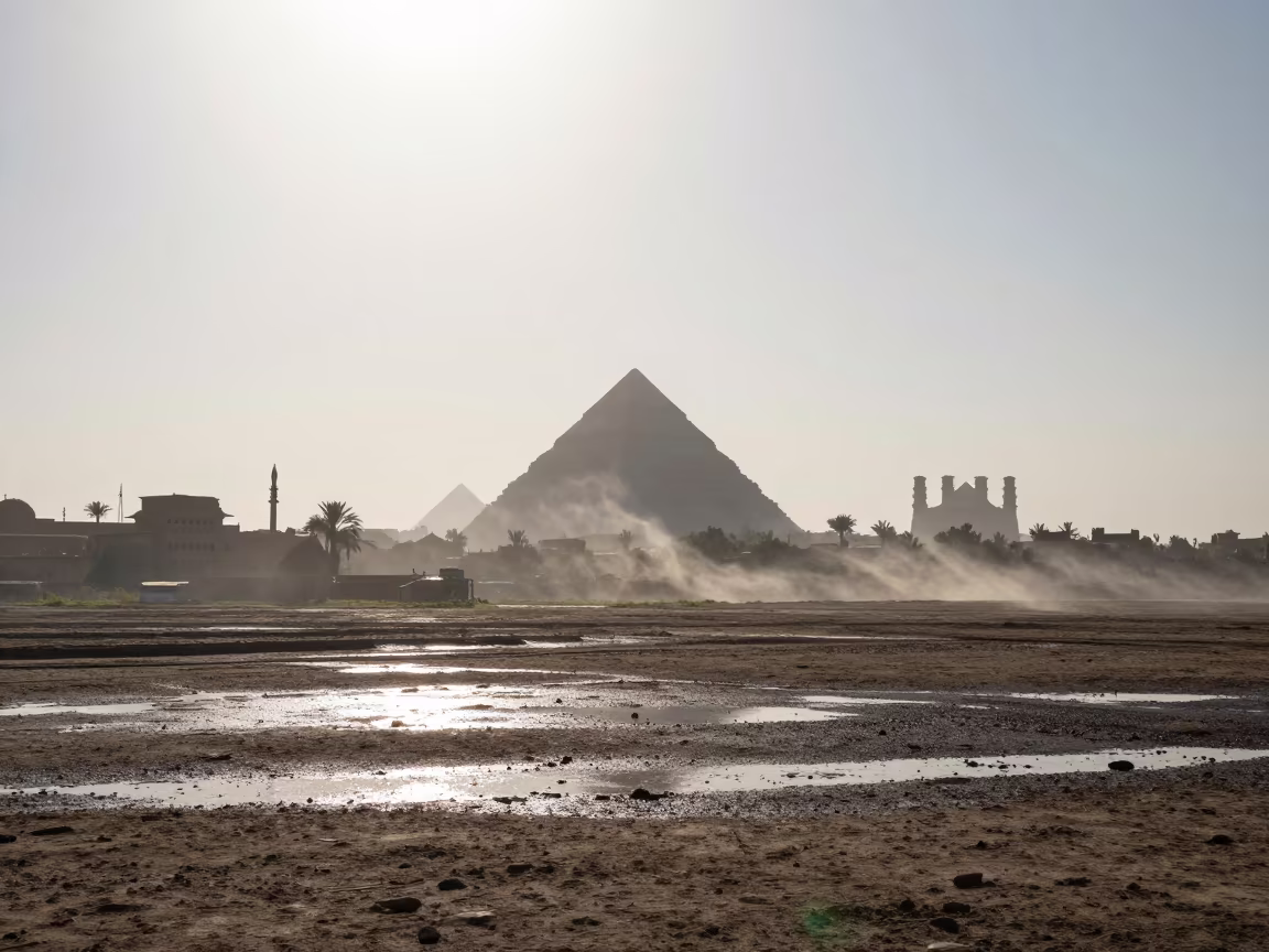 Mesa Silhouette Dawn Light Floodplain Cairo in across a floodplain after rain near City of the Dead, Cairo