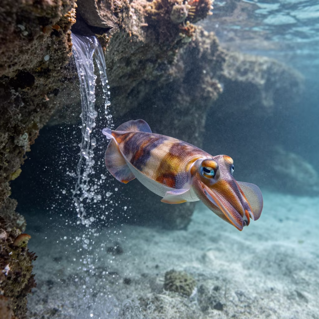 Mesmerizing Pharaoh Cuttlefish at Dawn in beside a reef crevice under clear water near Belize City