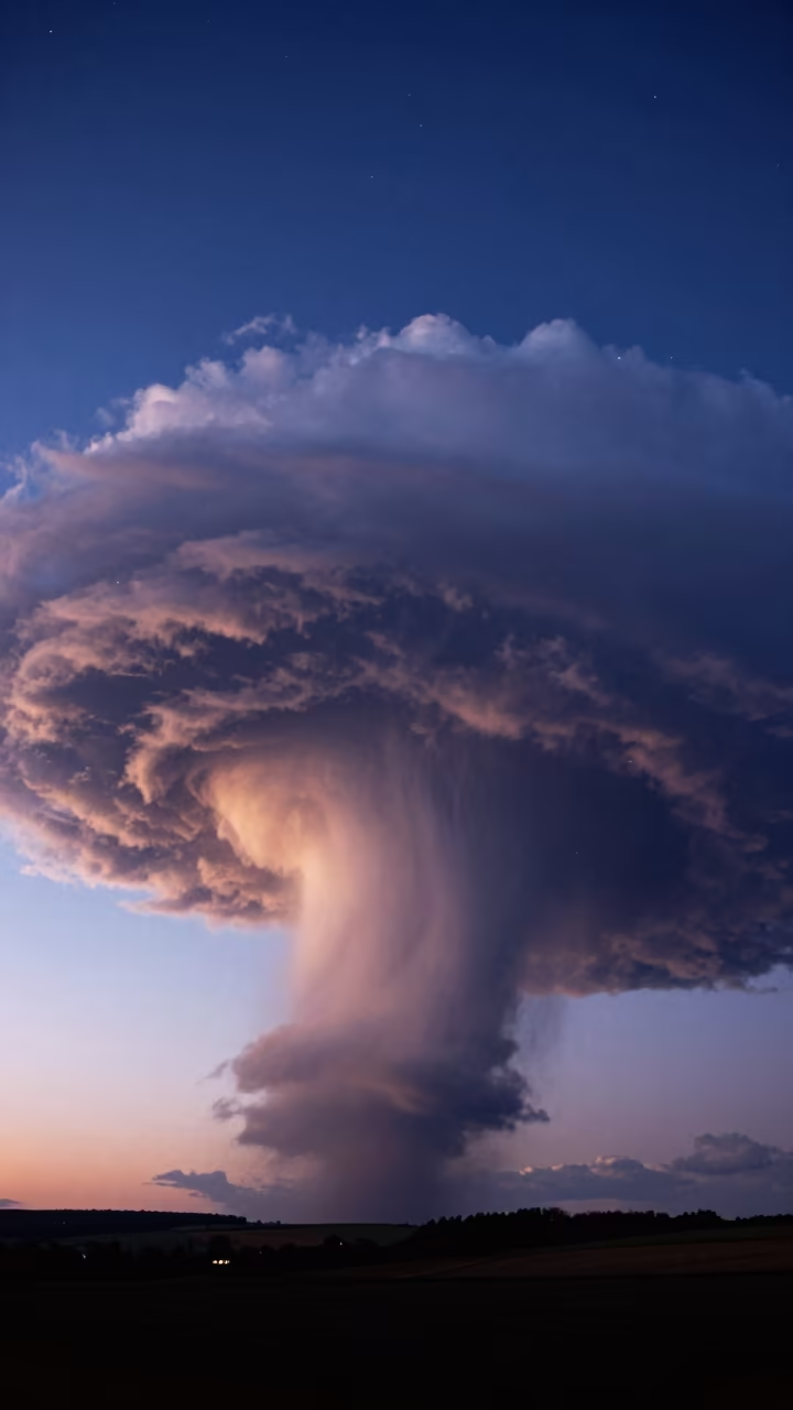 Mesocyclone Over Cotswolds Twilight Sky in over a horizon of stacked thunderheads in the Cotswolds