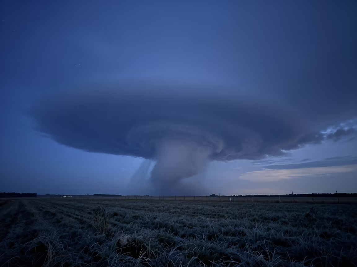 Mesocyclone Storm Base Dawn Romania in across a storm-bright plain in Romania