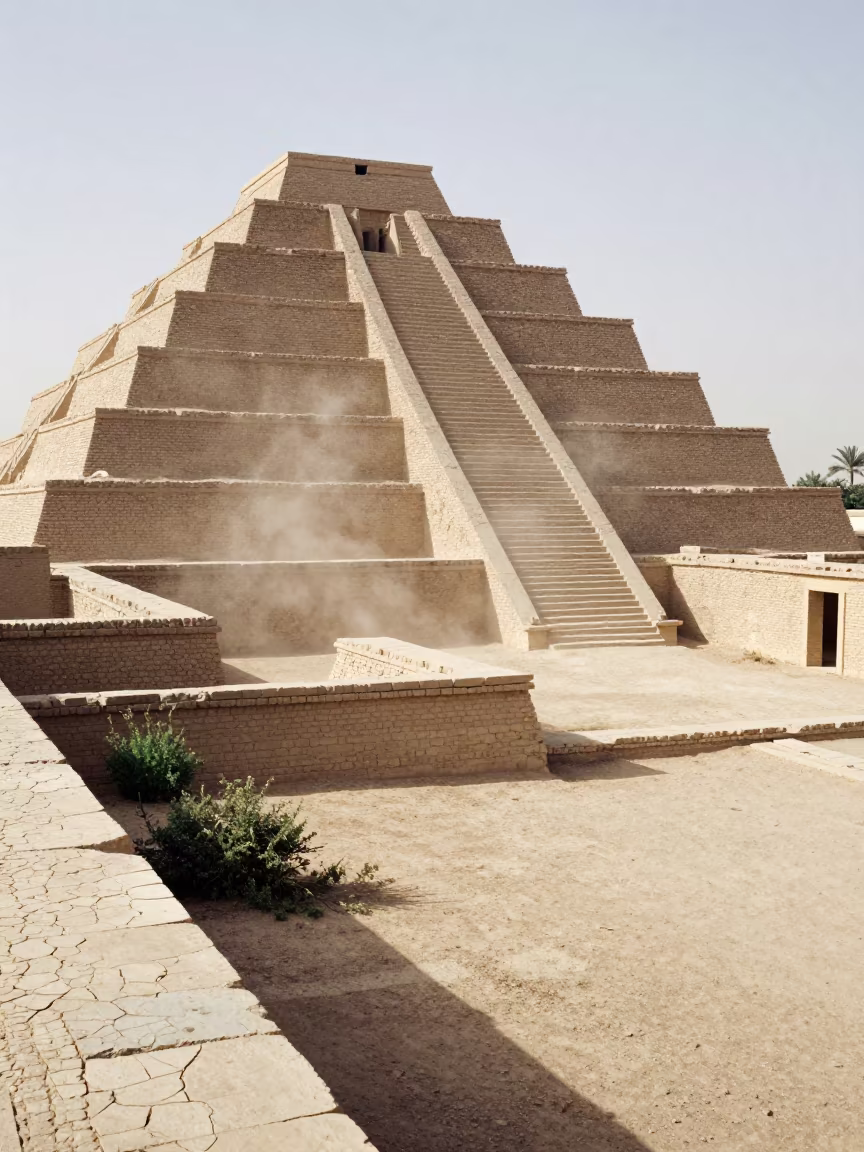 Mesopotamian Ziggurat Ruin in Abandoned Court in through an abandoned ceremonial court near Victoria