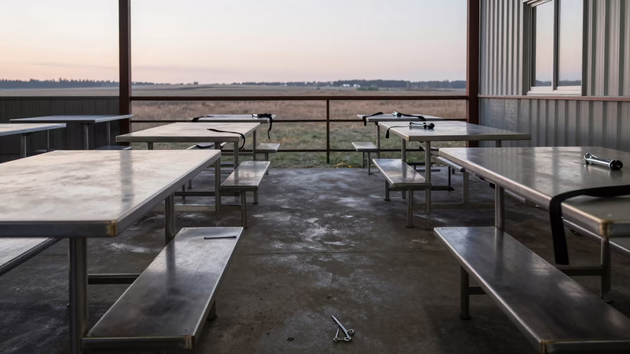Mess Hall Prep with Ratchets and Straps Dawn Light in in a mess hall before service in Saskatchewan