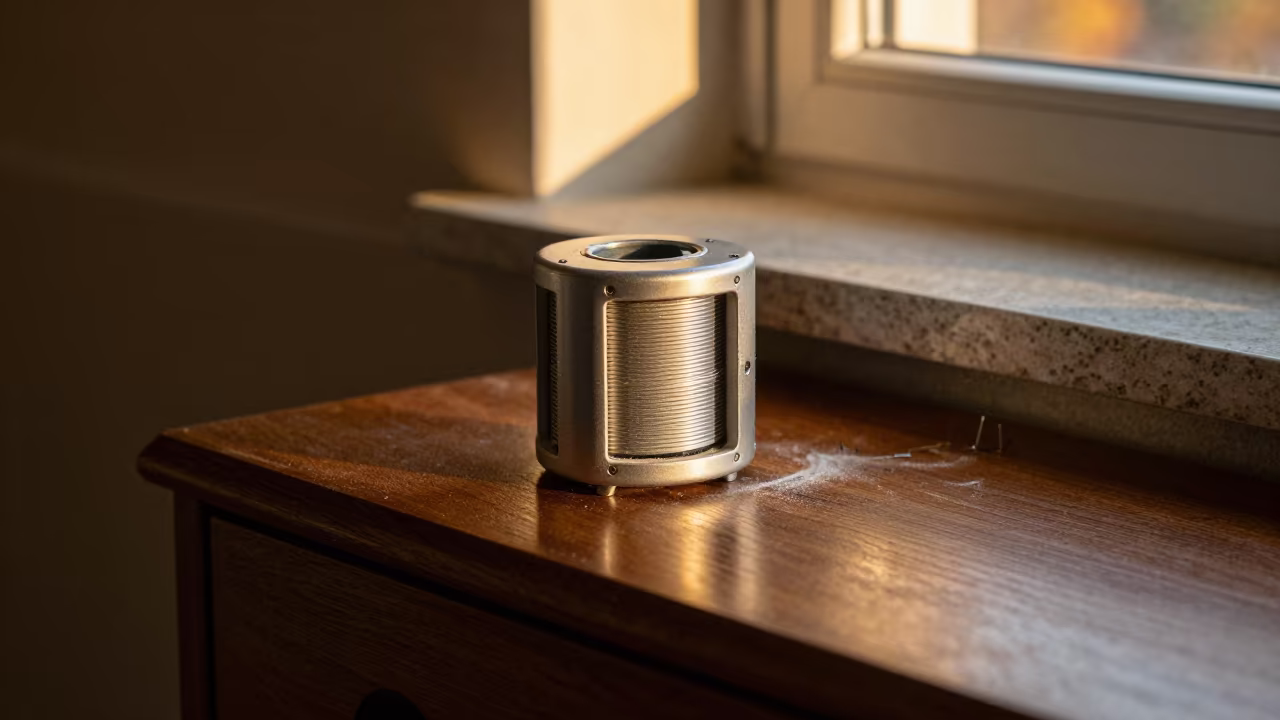 Metal Bobbin Case on Oak Cabinet in Marrakech Light in on a stone ledge near Gueliz, Marrakech