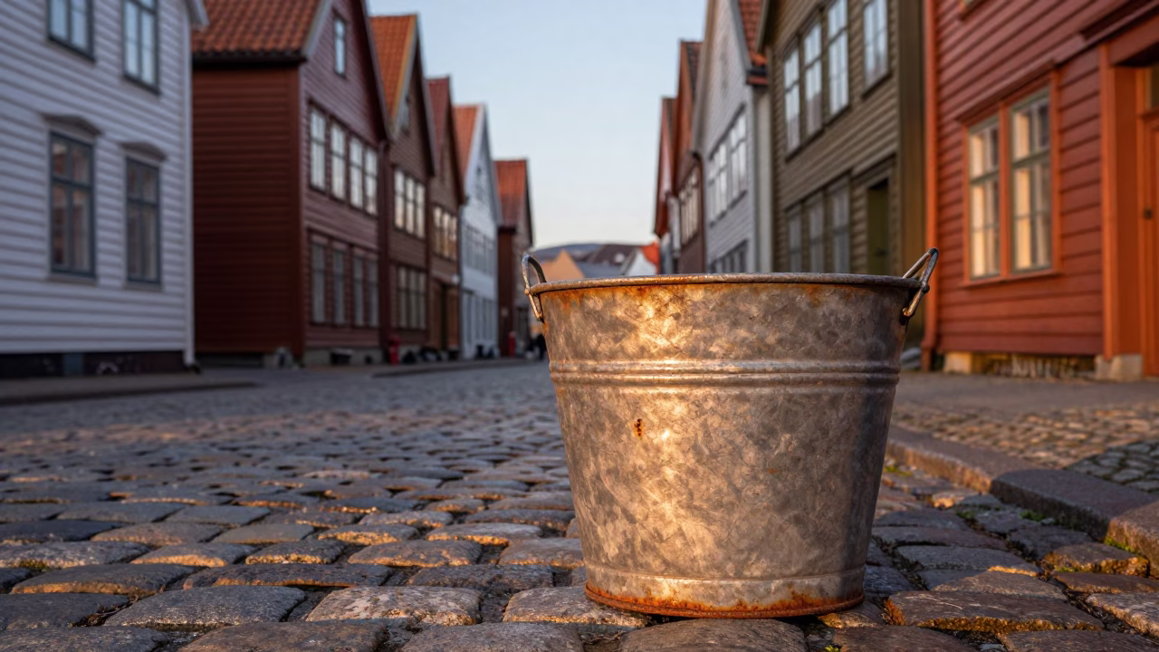 Metal Bucket in Bergen at Honeyed Evening Light in in Bergen, Norway