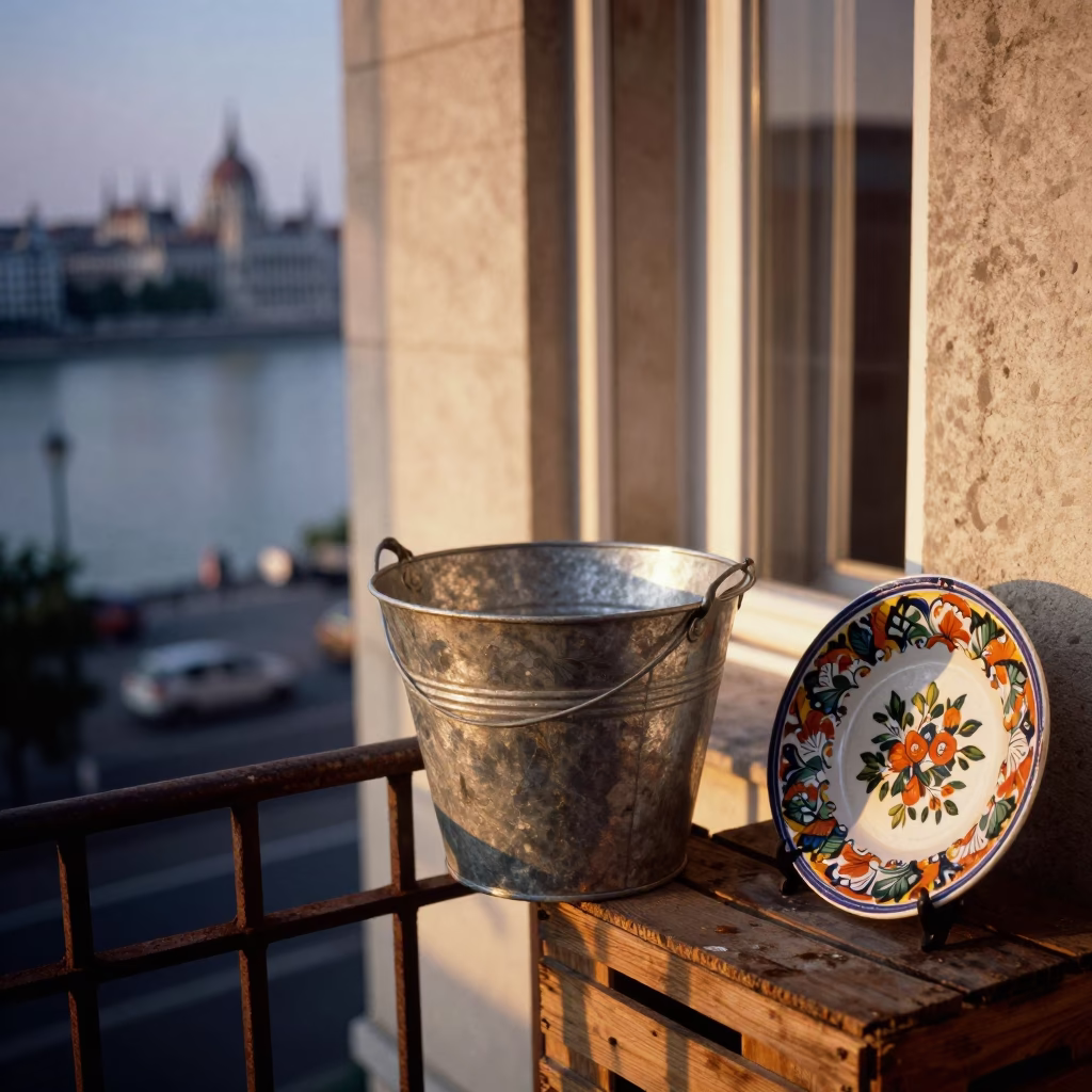 Metal Bucket in Budapest at Honeyed Evening Light in in Budapest, Hungary