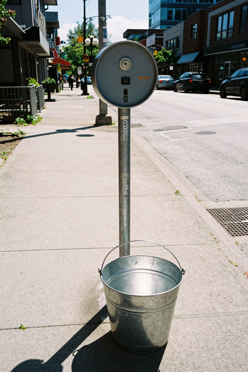 Metal Bucket in Vancouver at Midday Light in in Vancouver, British Columbia, Canada