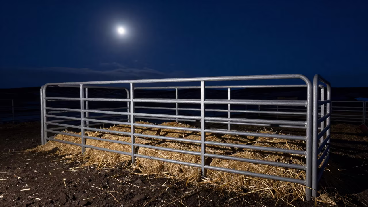 Metal Divider Rack Under Icelandic Moonlight in inside a ranch corral in Iceland