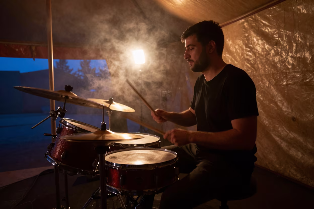 Metal Drummer Under Circus Tent in Winter in under a circus tent in Ashgabat