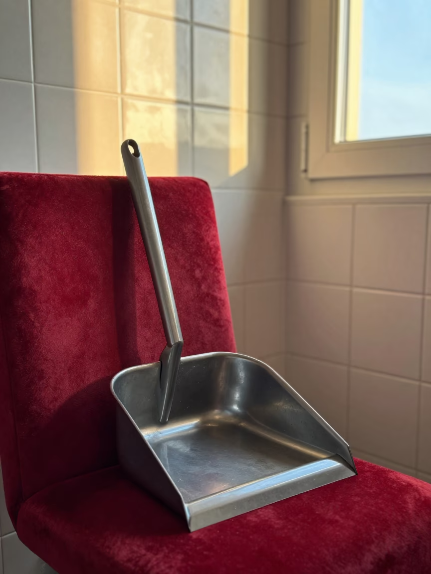 Metal Dustpan on Velvet Chair Genoa in on a velvet chair in Genoa