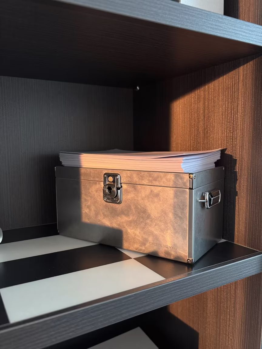 Metal Lockbox on Checkered Shelf in Guilin Hotel Room in on a hotel dresser near Guilin