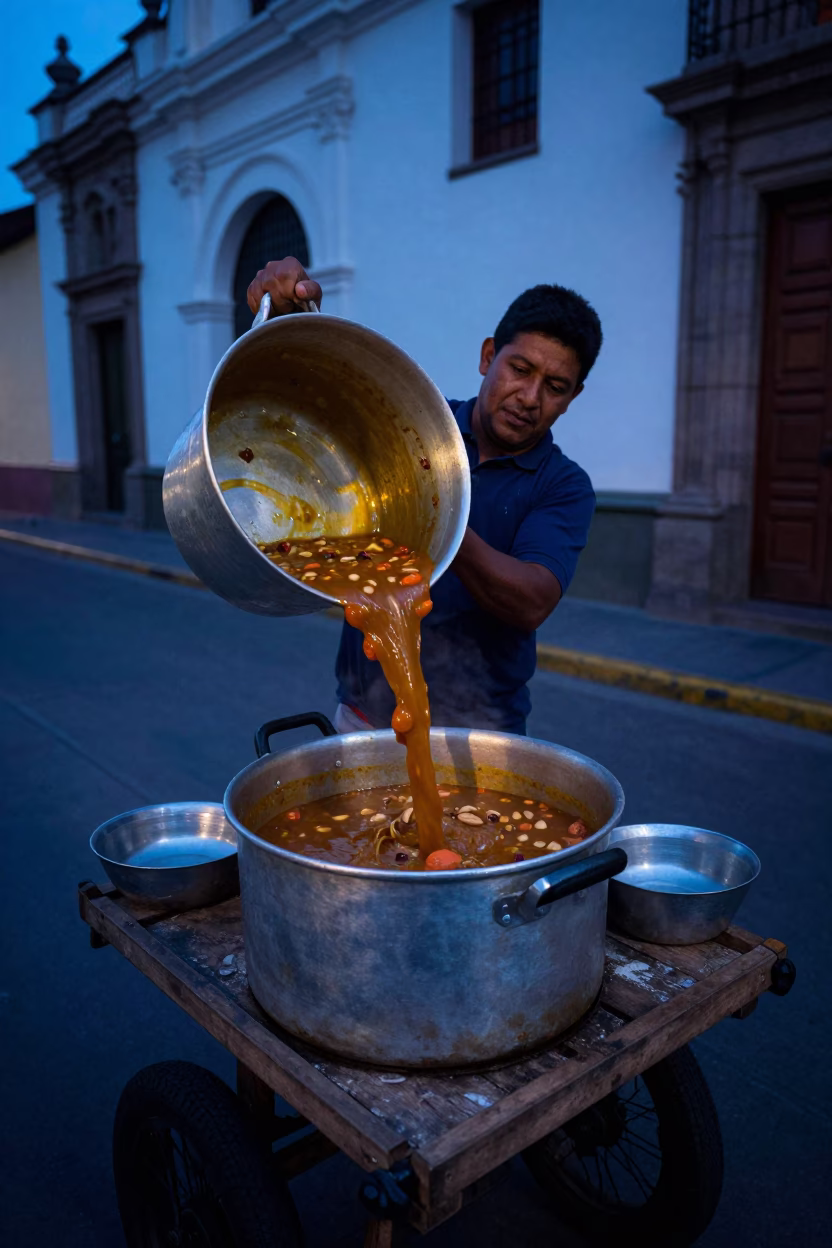 Metal Pot in Lima at The Predawn Darkness Light in in Lima, Peru