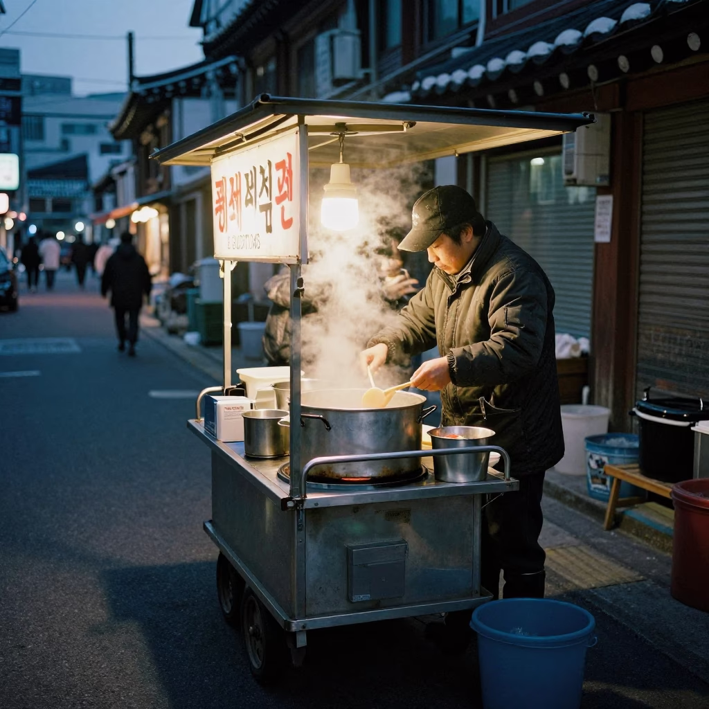 Metal Stall in Seoul at The Predawn Darkness Light in in Seoul, South Korea