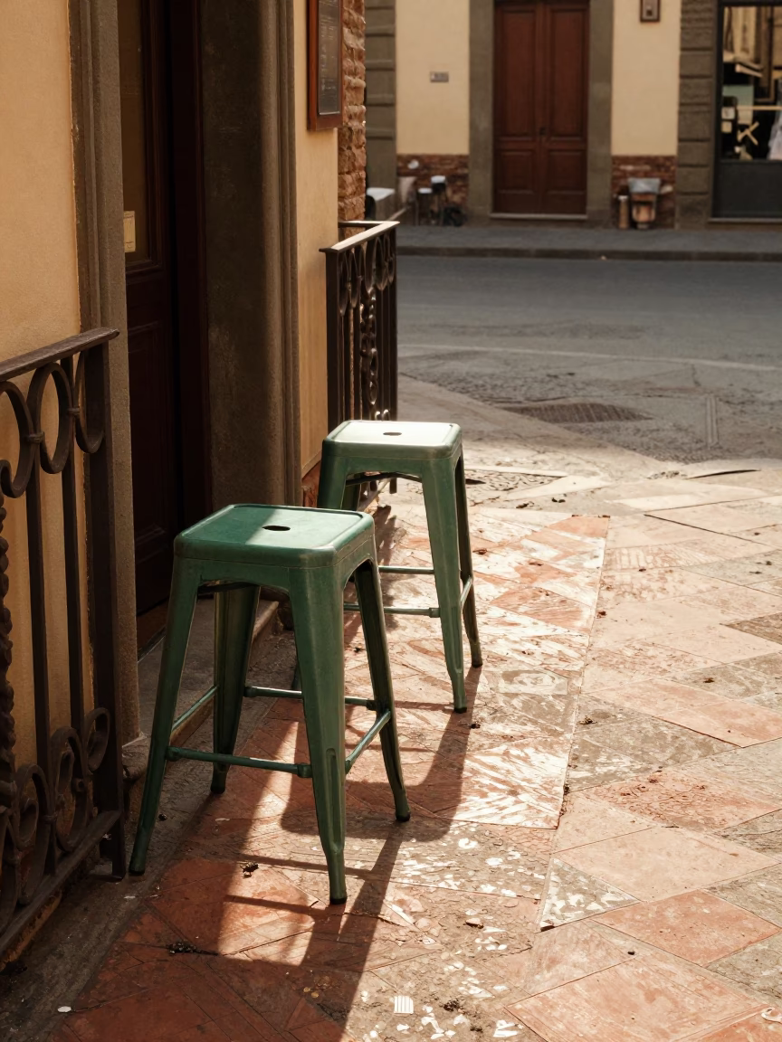 Metal Stools in Florence at Late Afternoon Light in in Florence, Italy