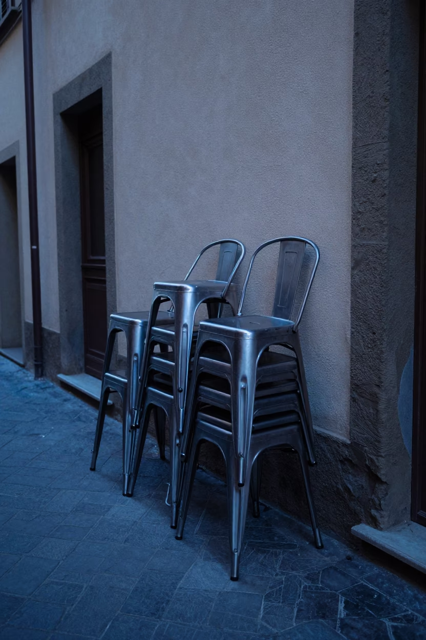 Metal Stools in Florence at The Still Hours Before Dawn Light in in Florence, Italy