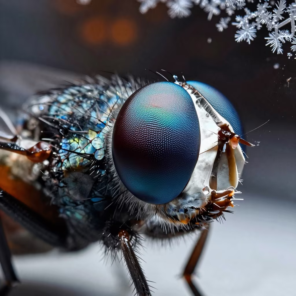 Metallic Blue Fly Eye Mosaic Night in along a frost-edged windowpane near Alexandria