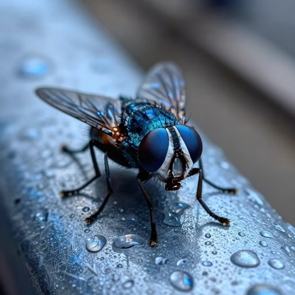 Metallic Blue Fly Eye on Rainy Havana Metal in across a rain-beaded metal surface in Malecon, Havana