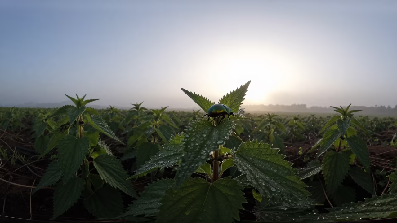 Metallic Green Beetle on Nettle Leaf at Dawn in near Huambo