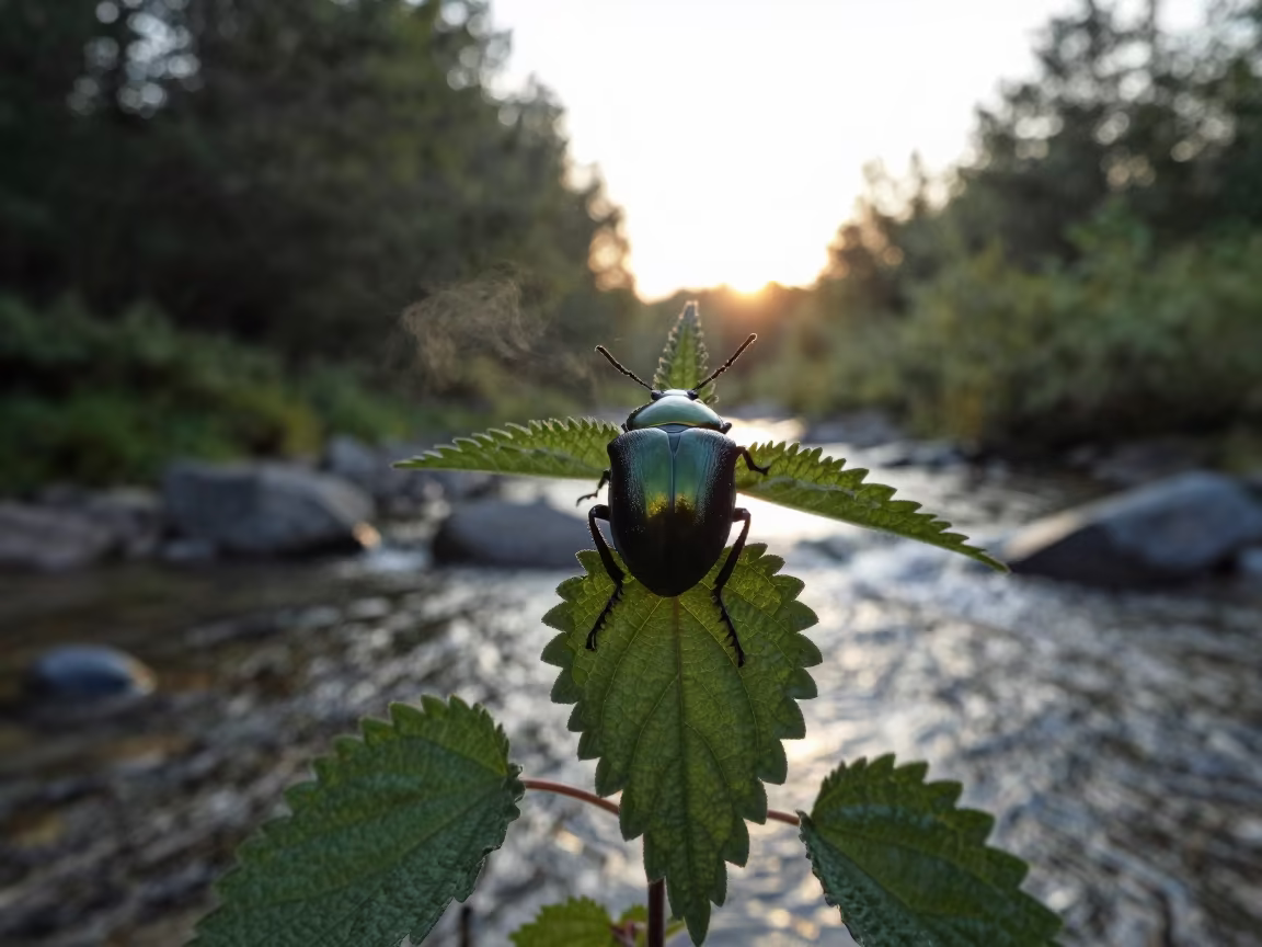 Metallic Green Beetle on Nettle Leaf Silhouette in above a glacial stream in Transylvania