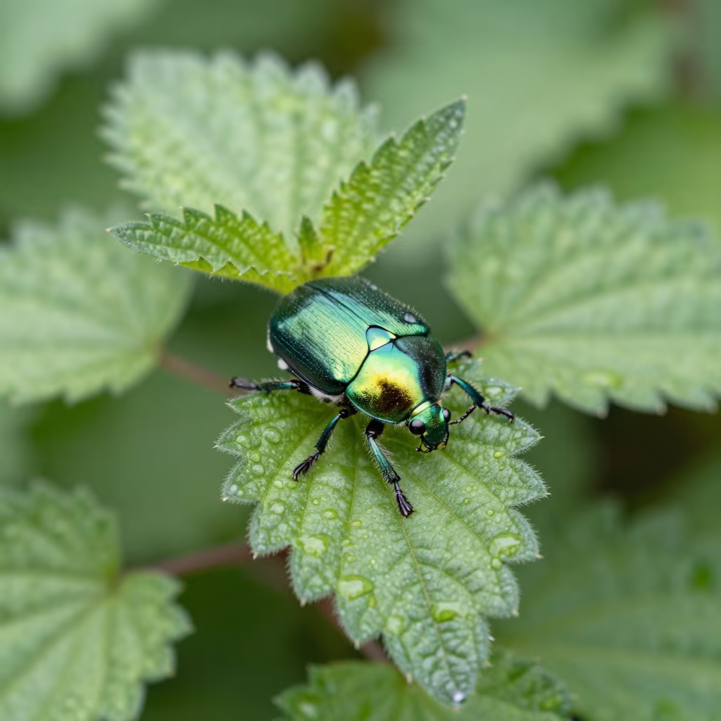 Metallic Green Leaf Beetle on Nettle in along a game trail in Bolivia