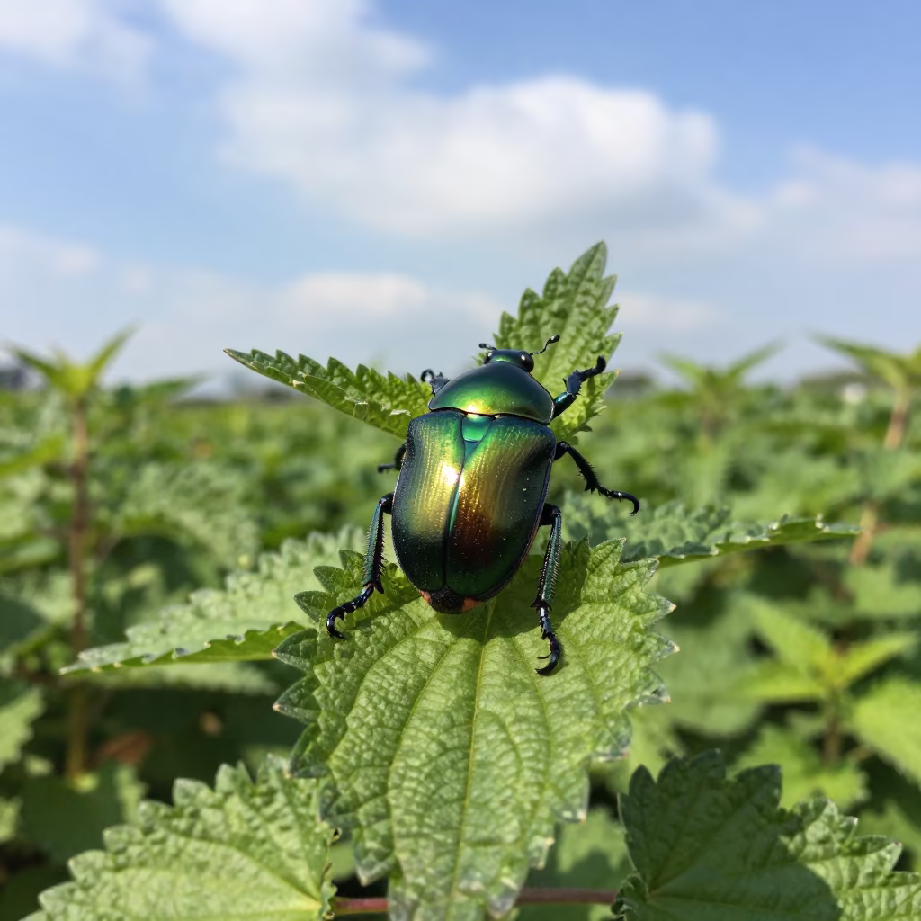 Metallic Green Leaf Beetle on Nettle in Early Autumn in near Ningbo