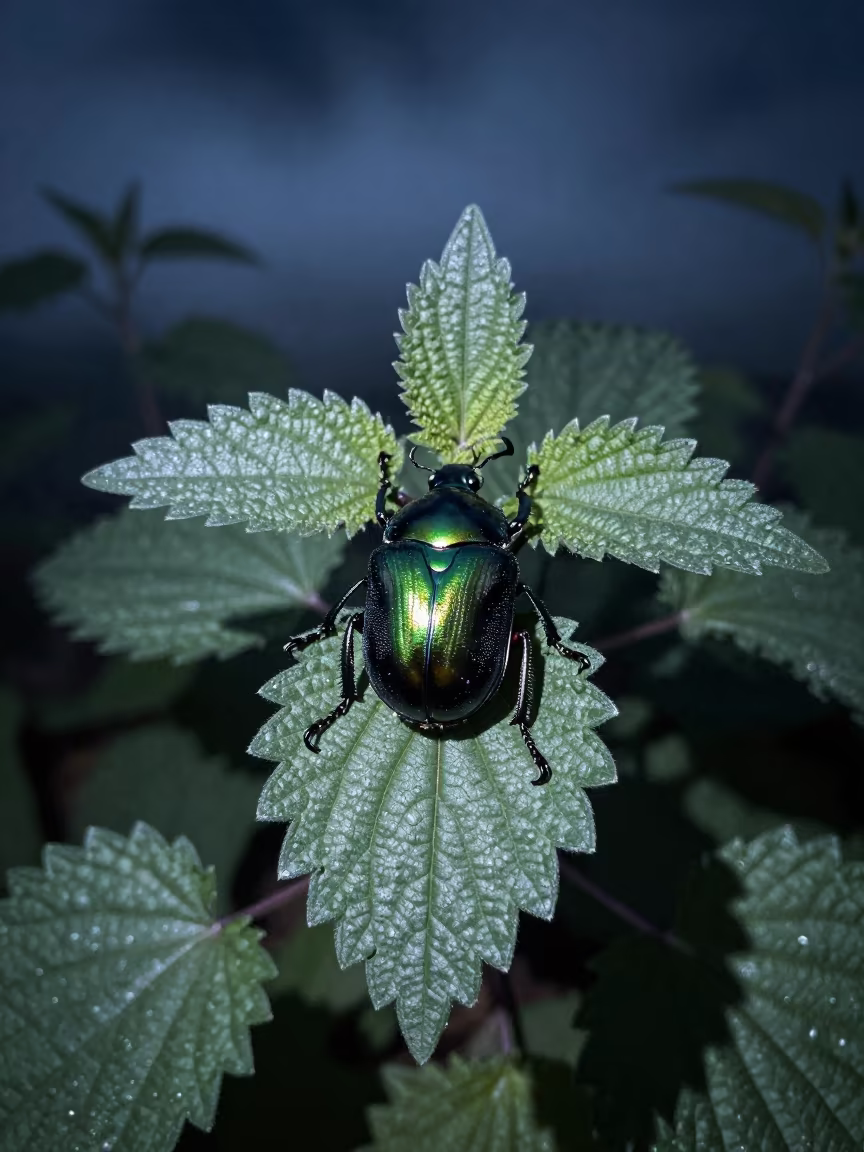 Metallic Green Leaf Beetle on Nettle in Night Light in near Mekelle