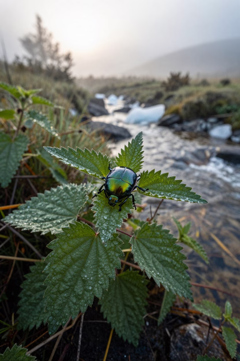 Metallic Green Leaf Beetle on Nettle Near Stream in above a glacial stream near Medellin