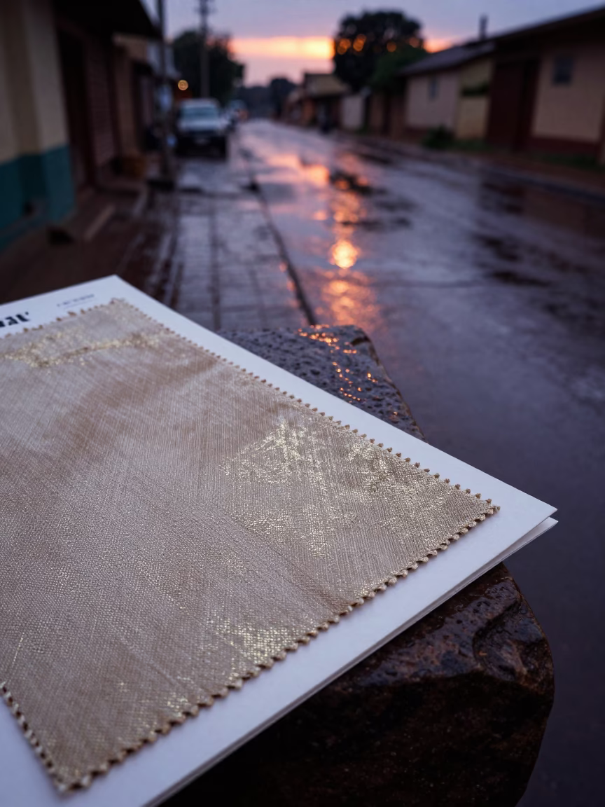 Metallic Lame Silk Faille Swatch Card in Gabela Stone Lane in in a stone lane between old facades in Gabela