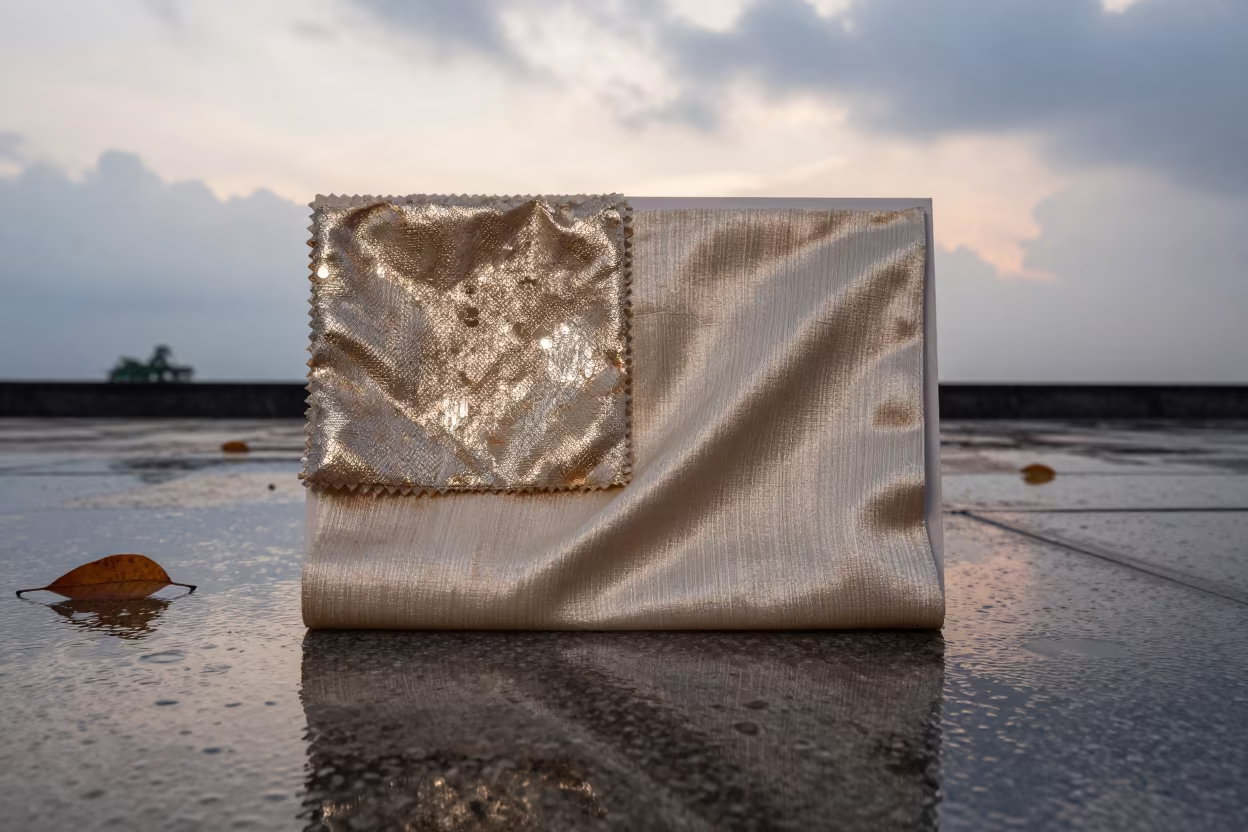 Metallic Lame Silk Swatch on Brahmanbaria Plaza in across a reflective public plaza in Brahmanbaria