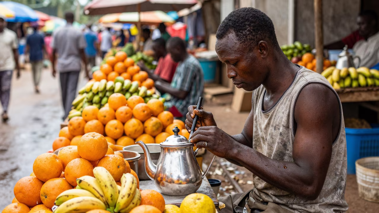 Metalworker Engraves Silver Teapot at Bouake Fruit Stand in at a roadside fruit stand in Bouake