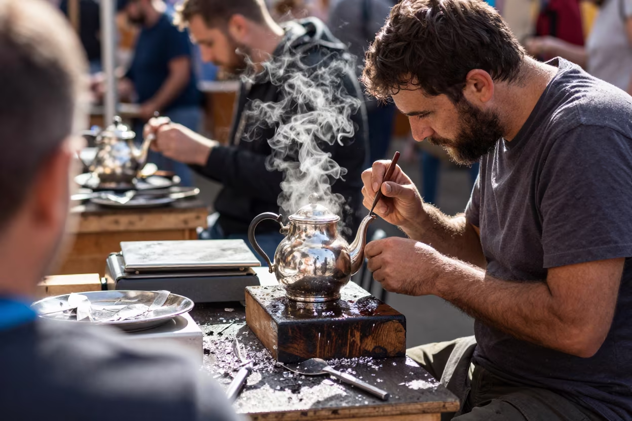 Metalworker Engraving Silver Teapot at Adelaide Fish Bazaar in beside a fish counter in Adelaide