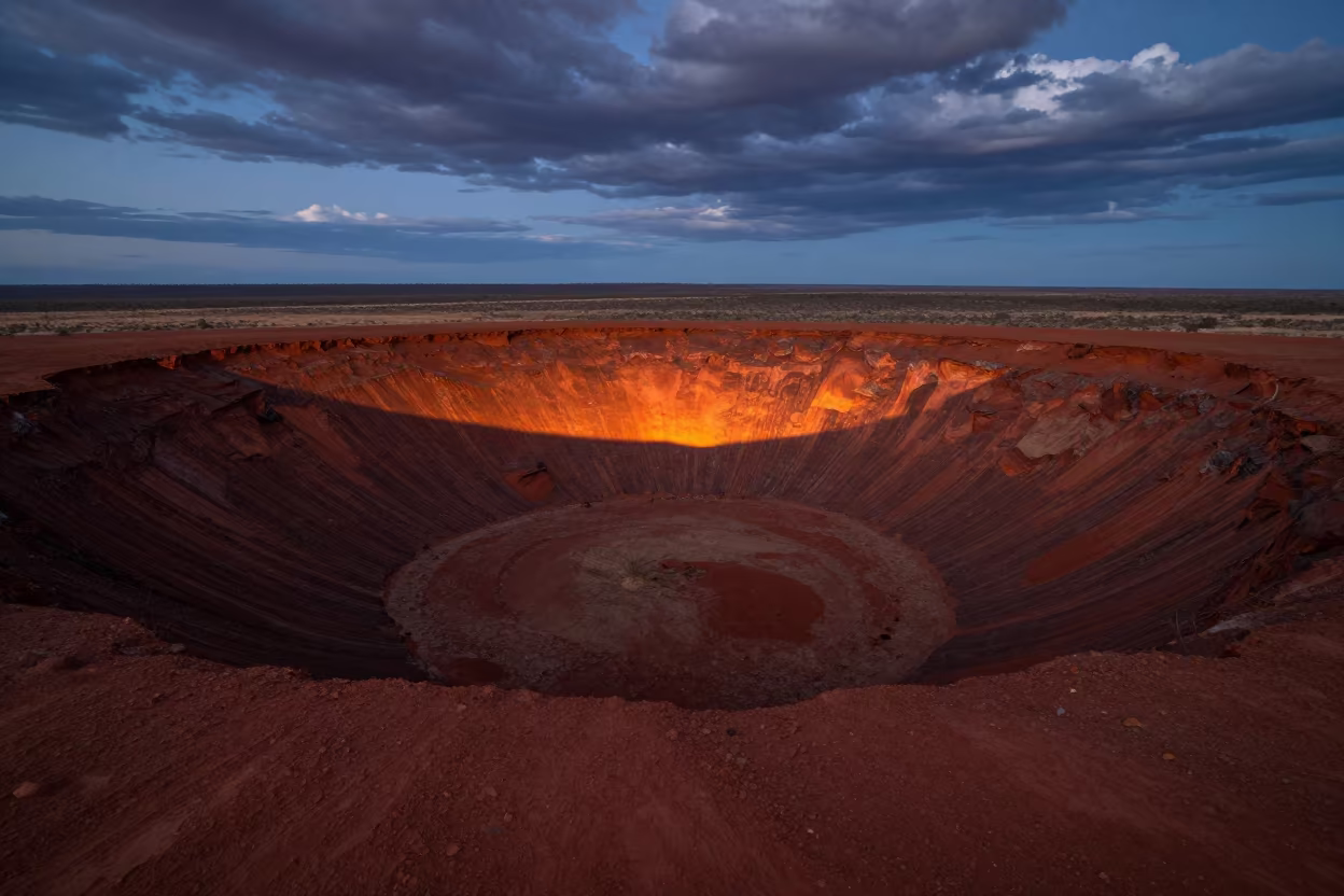 Meteor Crater Blue Hour Desert Rim Light in under a dry plateau sky in Australia