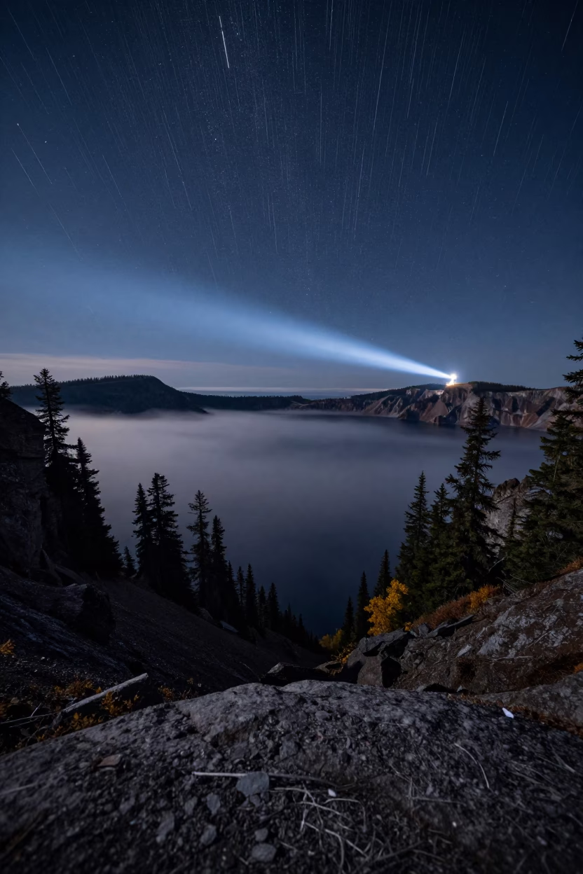 Meteor Fragments Over Alpine Caldera Before Dawn in from a quiet alpine saddle in Canada