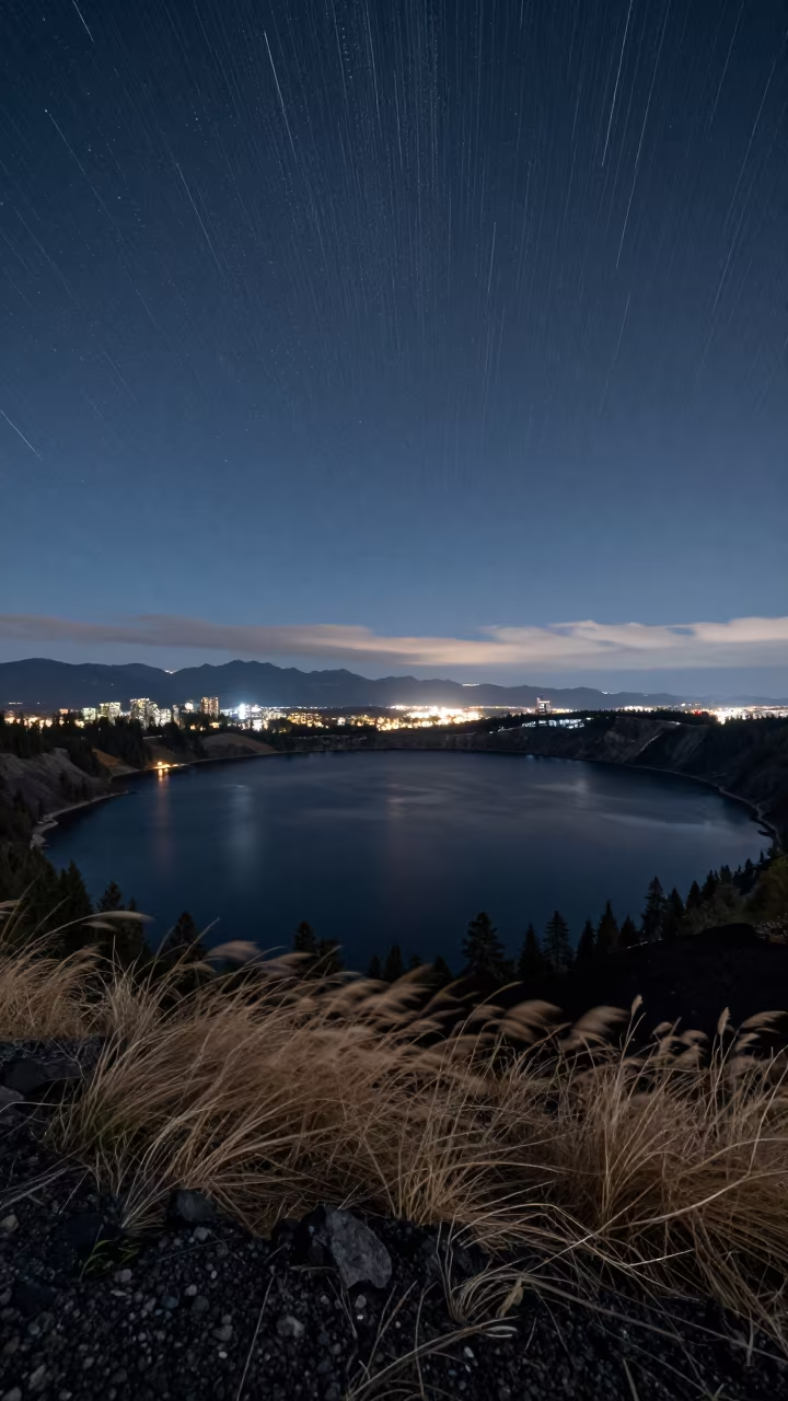 Meteor Fragments Over Gastown Caldera at Midnight in beneath a moon-washed horizon near Gastown, Vancouver