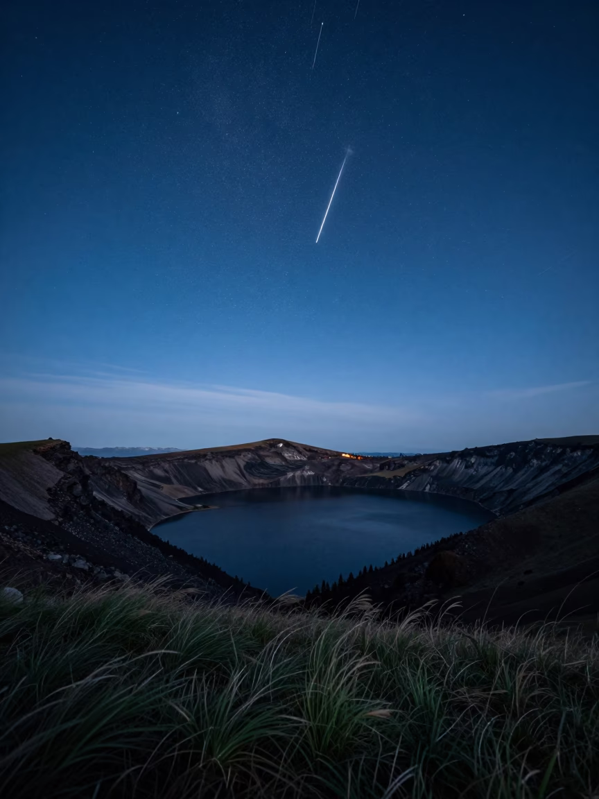 Meteor Fragments Streak Over Dormant Alpine Caldera in beneath a moon-washed horizon near Innsbruck