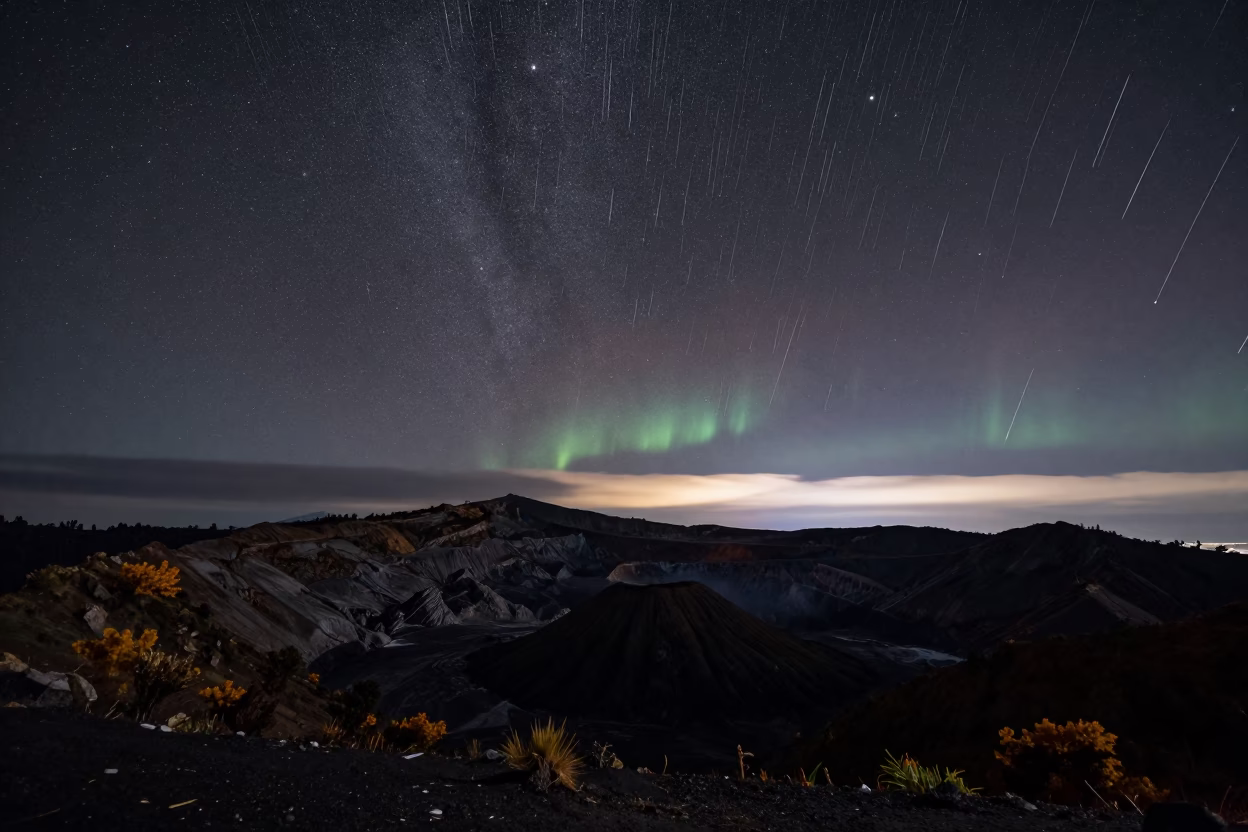 Meteor Fragments Streaking Over Dormant Caldera in beneath thin cloud gaps and stars in Peru