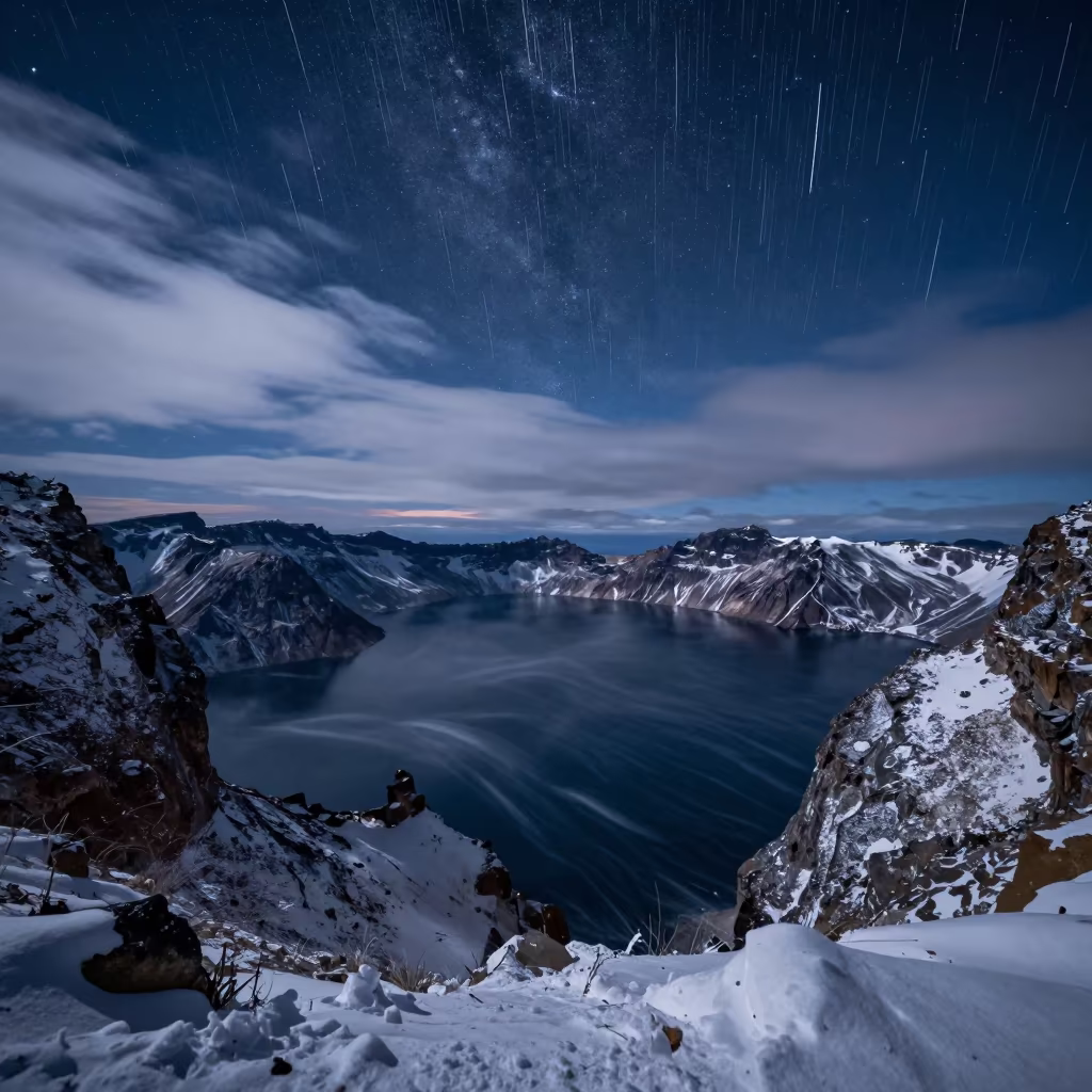 Meteor Fragments Streaking Over Dormant Caldera in beneath thin cloud gaps and stars in Canada