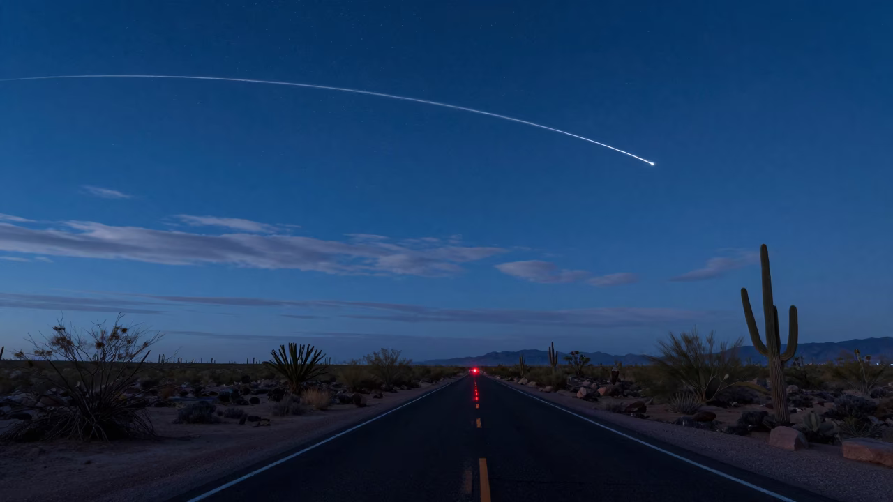 Meteor Over Desert Road With Red Taillights in beneath thin cloud gaps and stars near Tucson