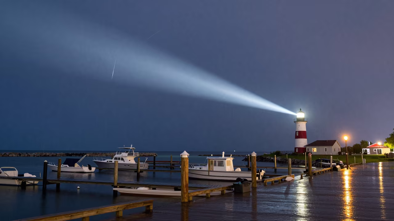 Meteor Over Detroit Harbor at Dawn in beside a lantern-dotted harbor near Detroit