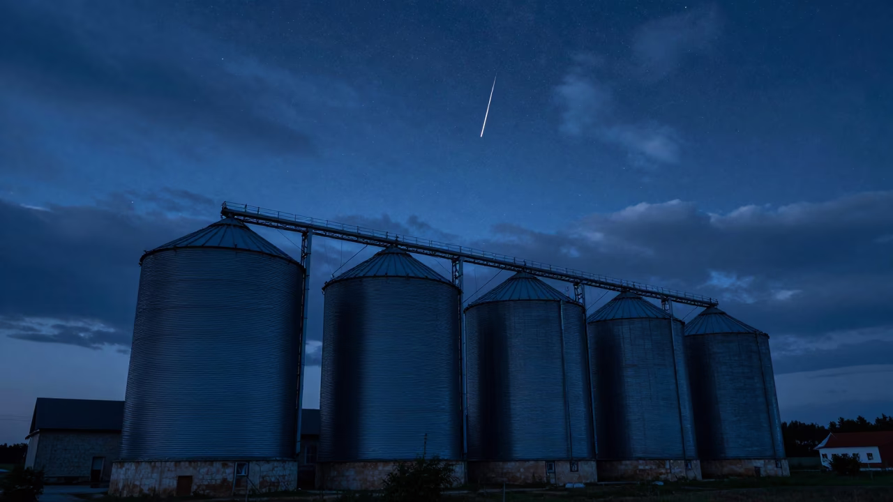Meteor Shower Over Croatian Grain Silos at Twilight in beneath thin cloud gaps and stars in Croatia