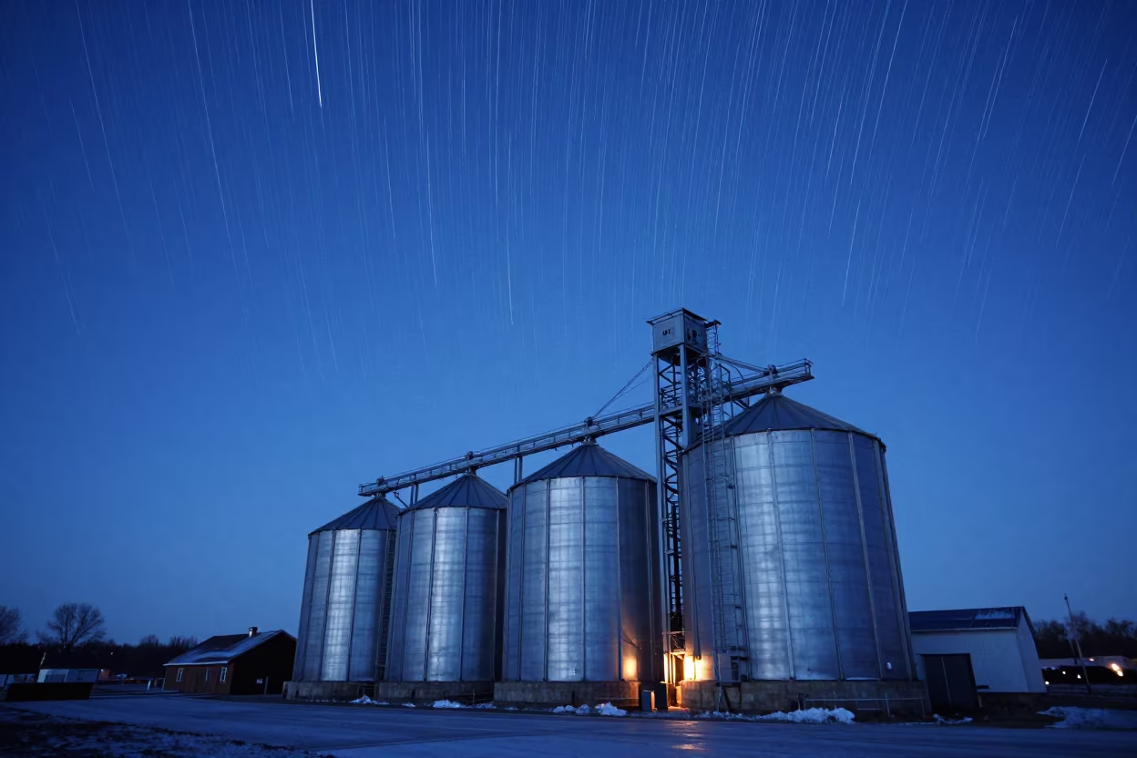 Meteor Shower Over Danish Silos Blue Hour in beneath a moon-washed horizon in Denmark