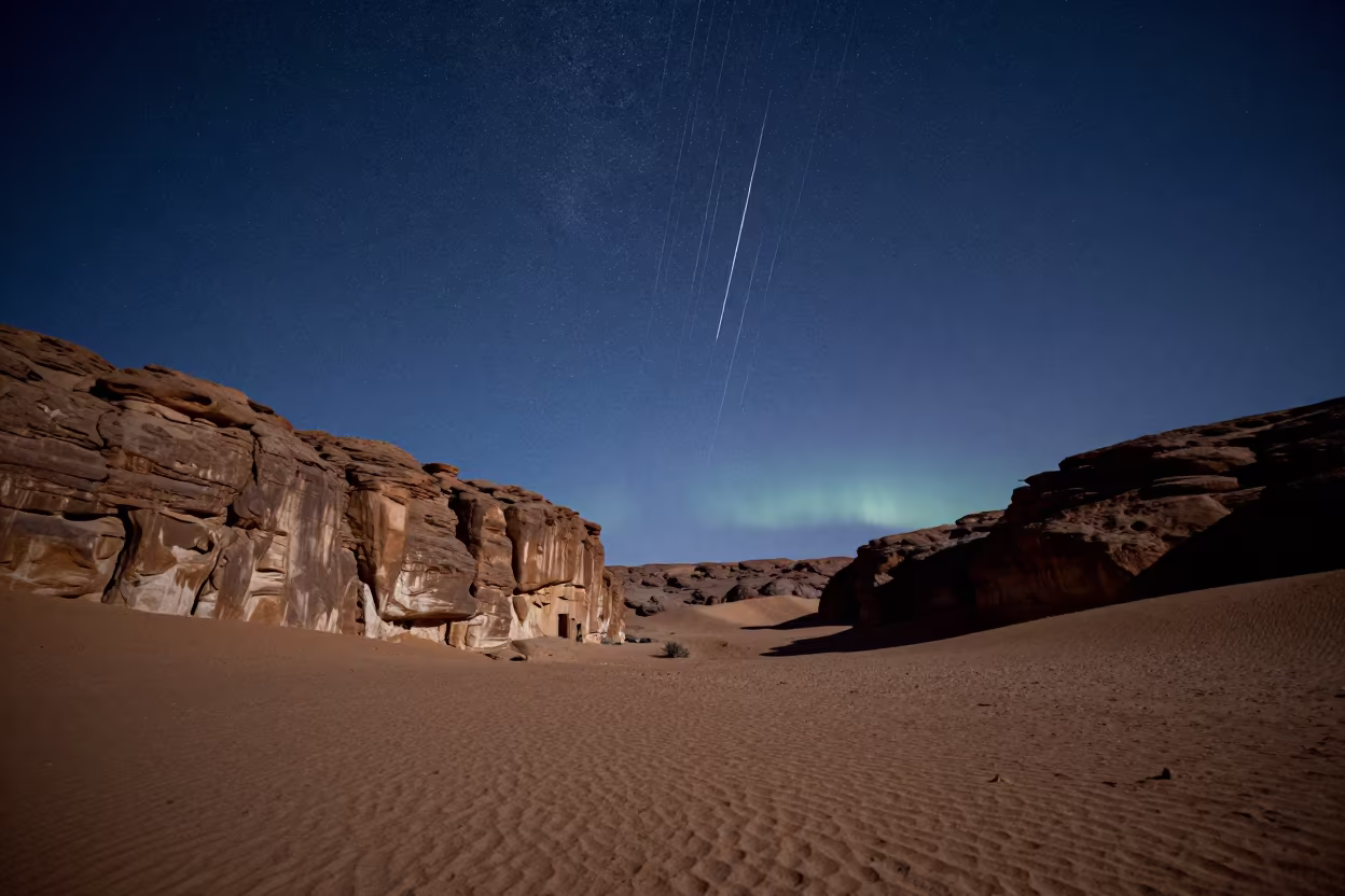 Meteor Shower Over Marrakech Desert Escarpment in beneath a wind-cut desert escarpment near Marrakech