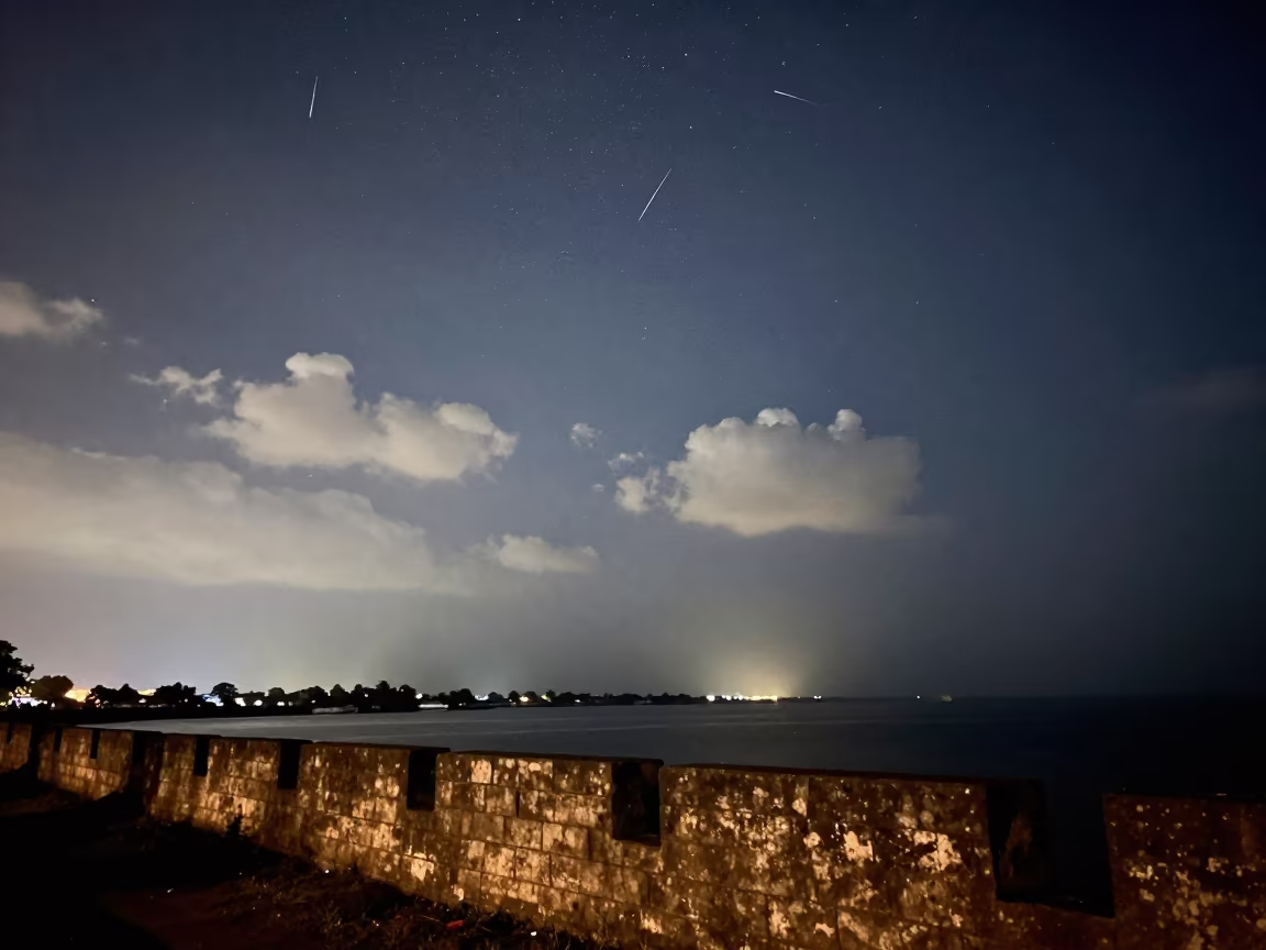 Meteor Shower Over Mumbai Harbor Wall at Predawn in from a frost-hushed ridgeline near Mumbai