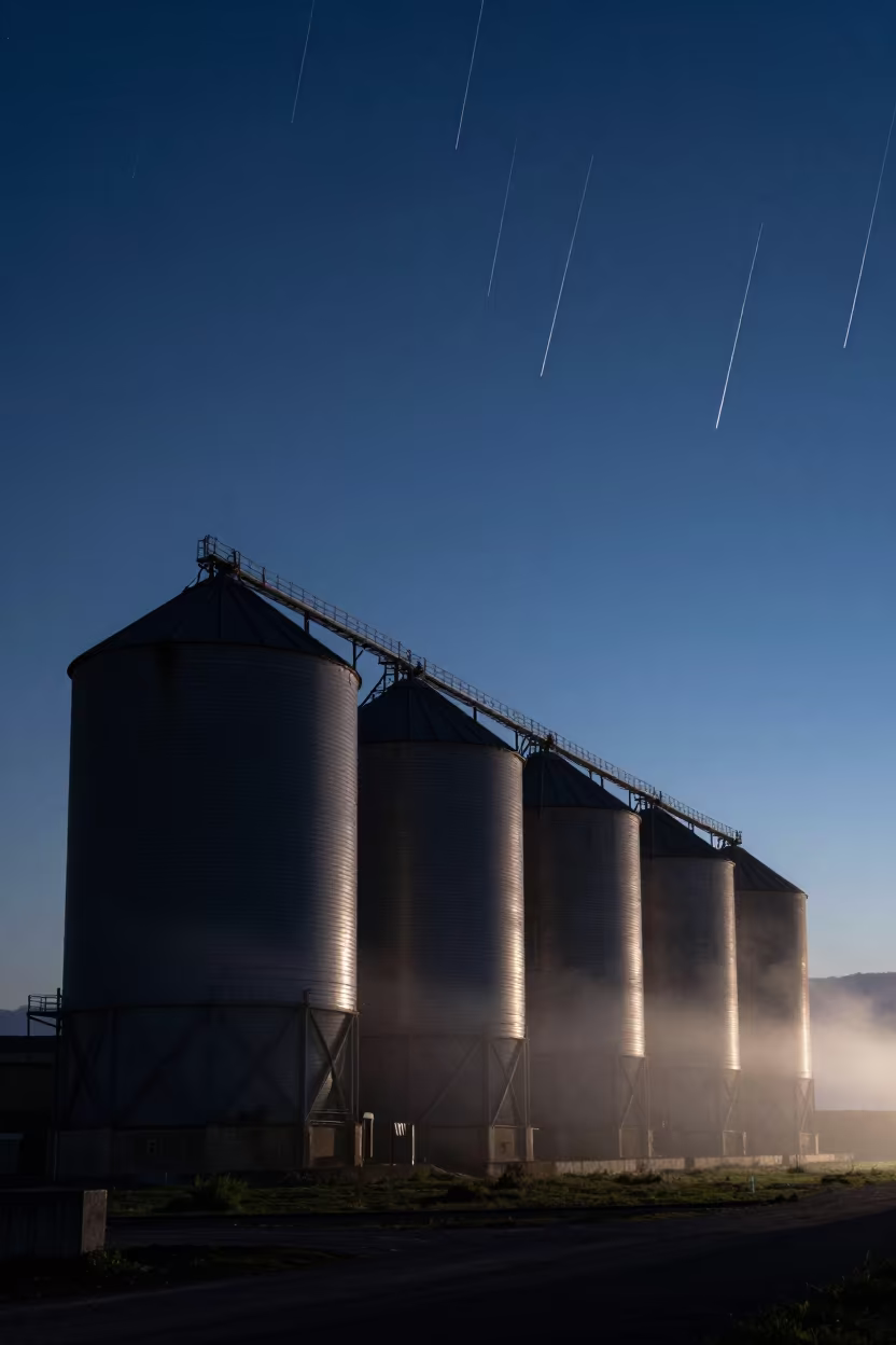 Meteor Shower Over Silos in Predawn Darkness in under the clearest stretch of sky near Sassari