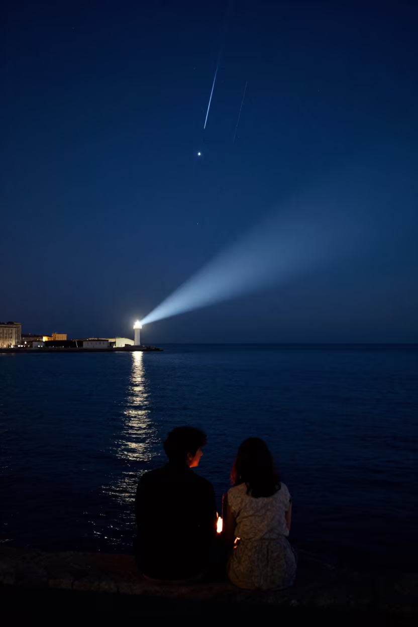 Meteor Shower Reflected in Naples Ocean at Midnight in near Chiaia, Naples