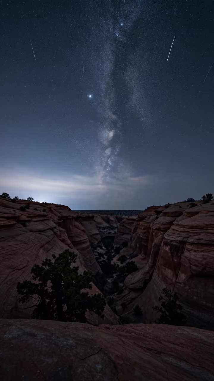 Meteor Shower Trails Over New Mexico Canyon in under a dry plateau sky in New Mexico