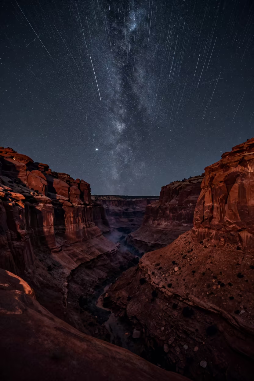 Meteor Shower Trails Over Utah Canyon Night in from a quiet alpine saddle in Utah