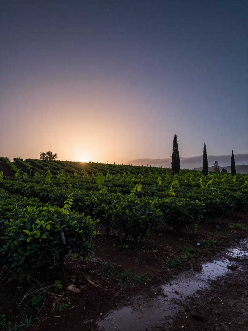 Meteor Shower Over Vineyard at Sunrise in at the edge of a tea plantation near Cartagena