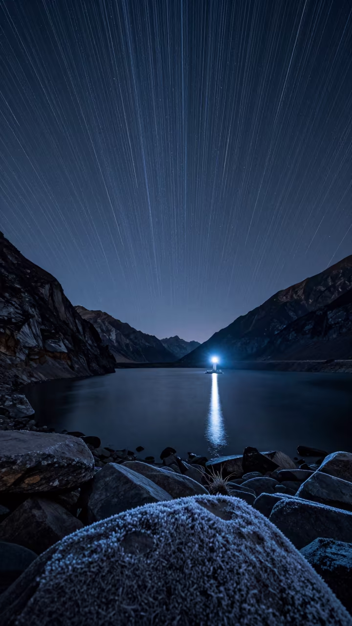 Meteor Streak Over Lake at Midnight in Nepal in beneath a wind-cut desert escarpment in Nepal