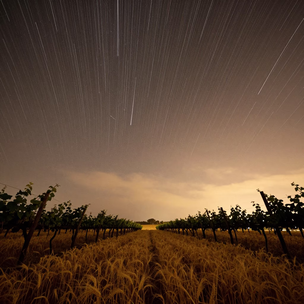Meteor Trails Over Andalusian Wheat Field at Sunset in between vineyard trellises in Andalusia